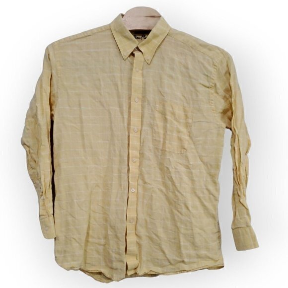 Alan Flusser Men's XL / X-Large 100% Linen Yellow, White Check Long Sleeve Shirt - Picture 2 of 4